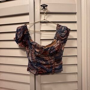 Stylish Women's Ruched Top - Blue and Brown